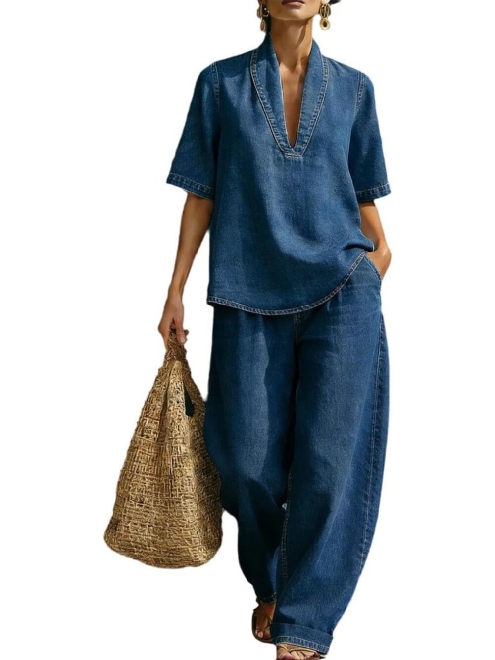 Stylish Women's Denim Two-Piece Set - V Neck Blouse & Wide Leg Jeans Casual
